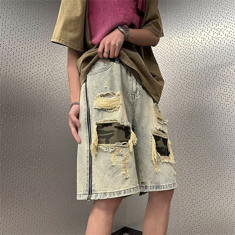 Men's Summer Ripped Camouflage Denim Shorts