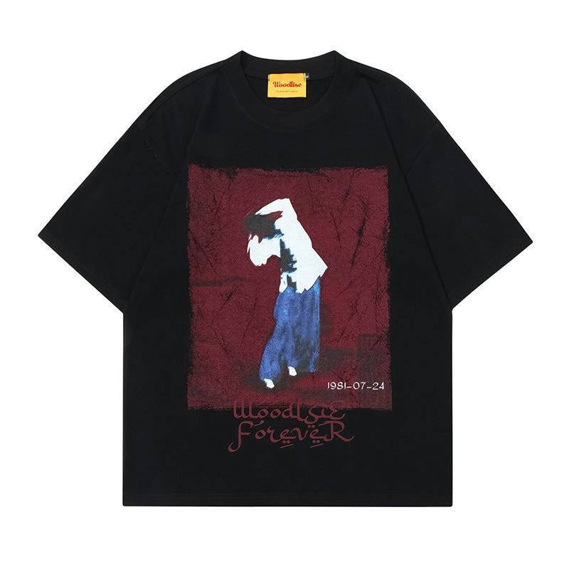 High Street American Retro Oil Painting Printed Round Neck Short Sleeve