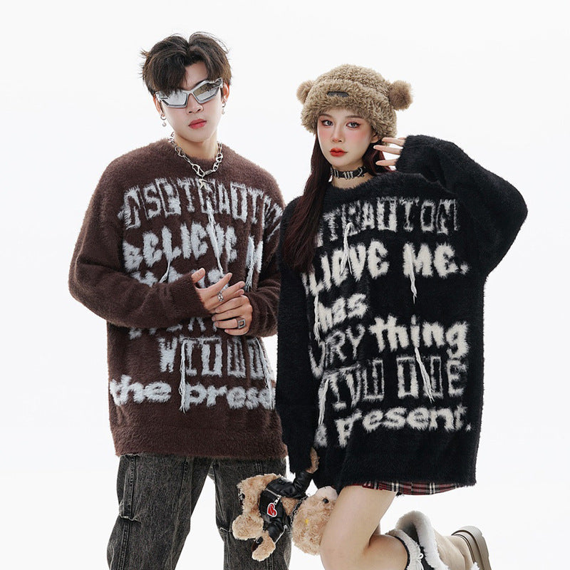 Retro Fashion Brand Contrast Color Letter Tassel Sweater Men