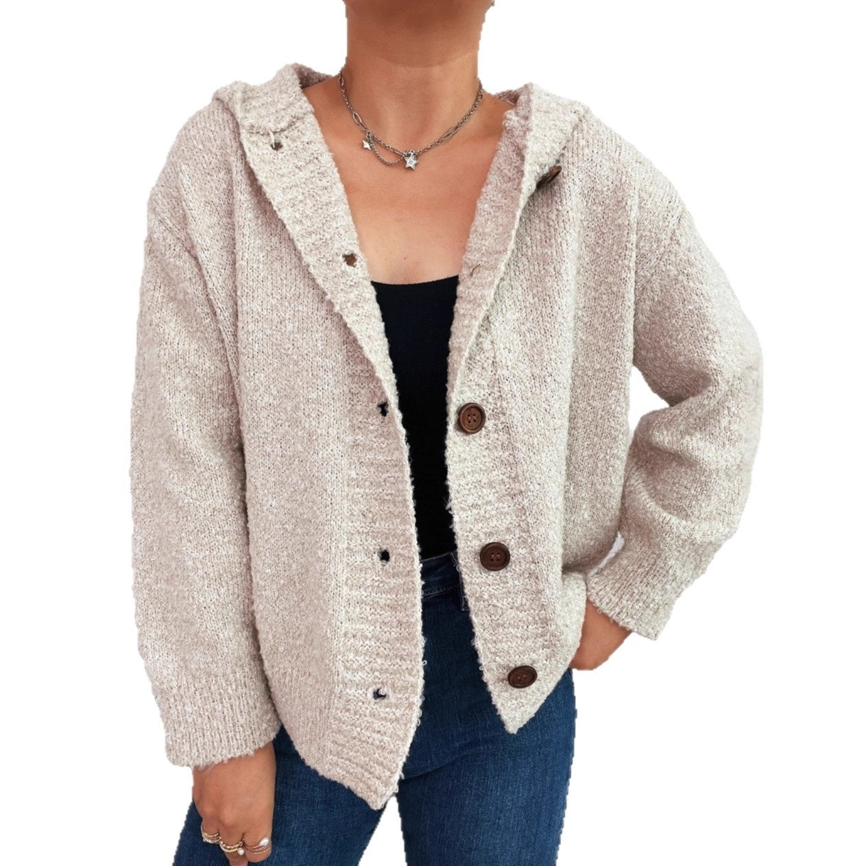 Casual Thickening Hooded Single-breasted Knitted Cardigan Solid Color Sweater Coat