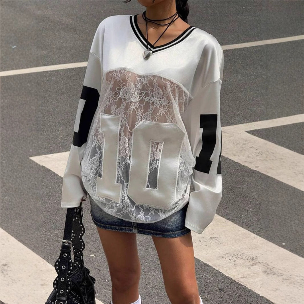 Women's Loose Printed Lace See Through V-neck Sweatshirt