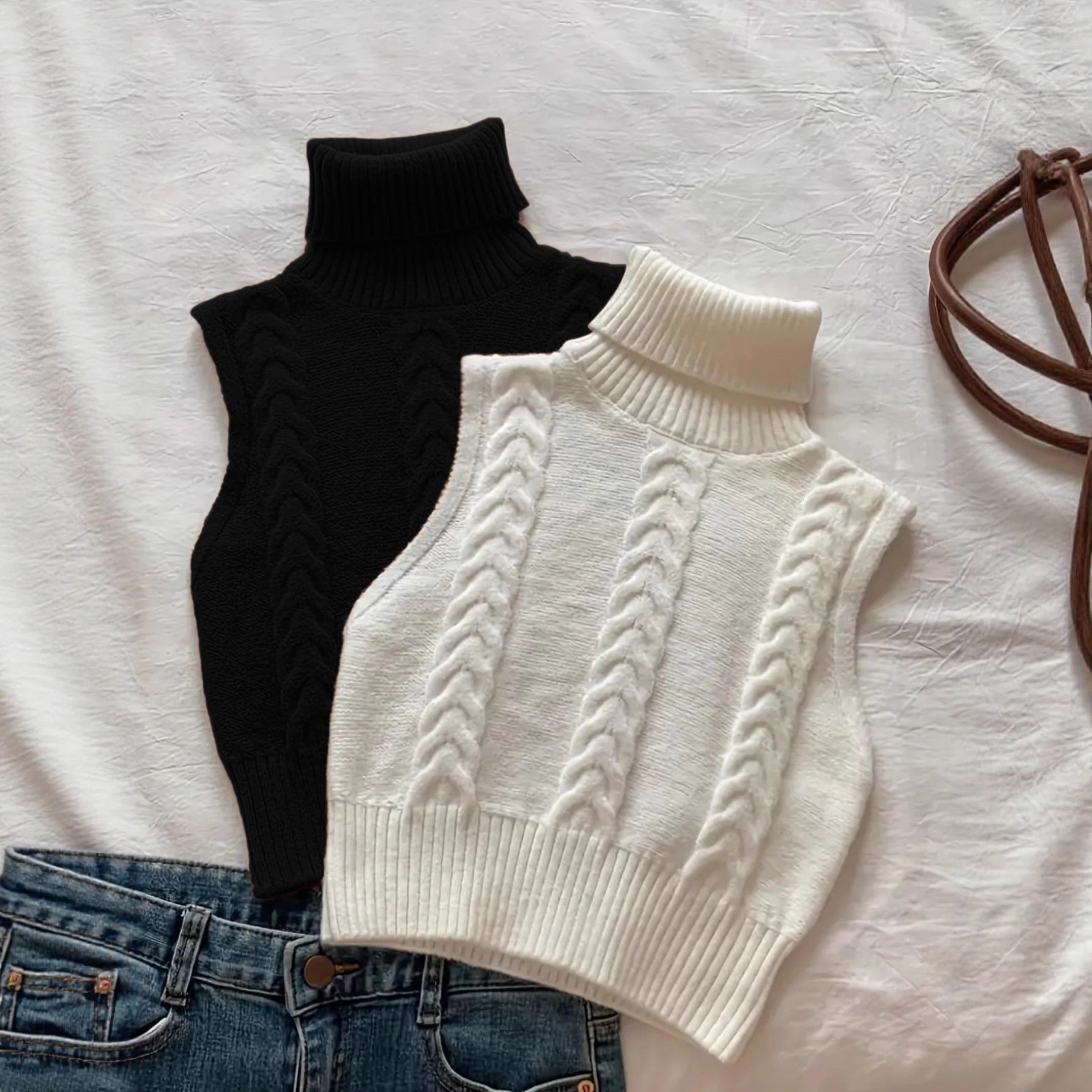 Europe And America Cross Border Spring And Autumn New Fashion Double-sided Cable-knit Turtleneck Sleeveless All-matching Knitted Sweater Vest Top Outer Wear