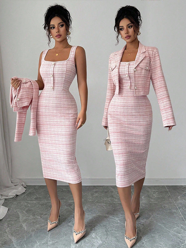 Women's Clothing Skirts Suit Lapel Long Sleeve Short Plaid Jacket