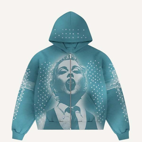 FigureCross Faux Rhinestones Print Zip Up Hooded Coat