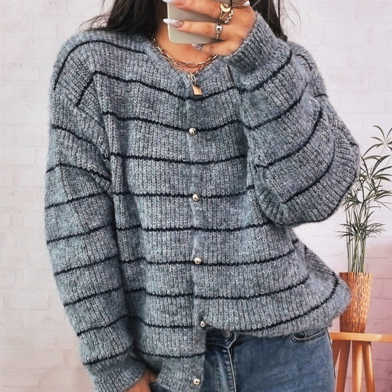 Simple Slim-fit Round Neck Single-breasted Striped Contrast Color Sweater Women's Coat