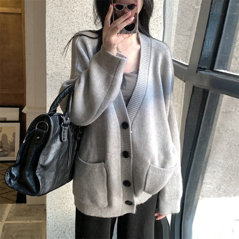 Female Solid Color Idle Style V-neck Knitted Cardigan Top