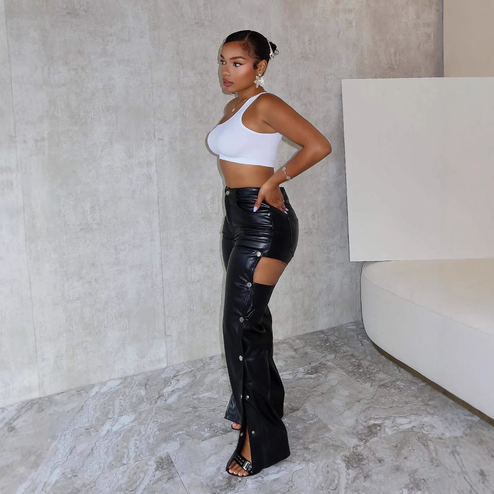 Fashion Sexy High Waist Slimming And Straight Hollow Leather Pants