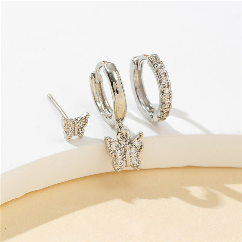 New Copper Inlaid Zirconium Butterfly Studs Ear Clip Set