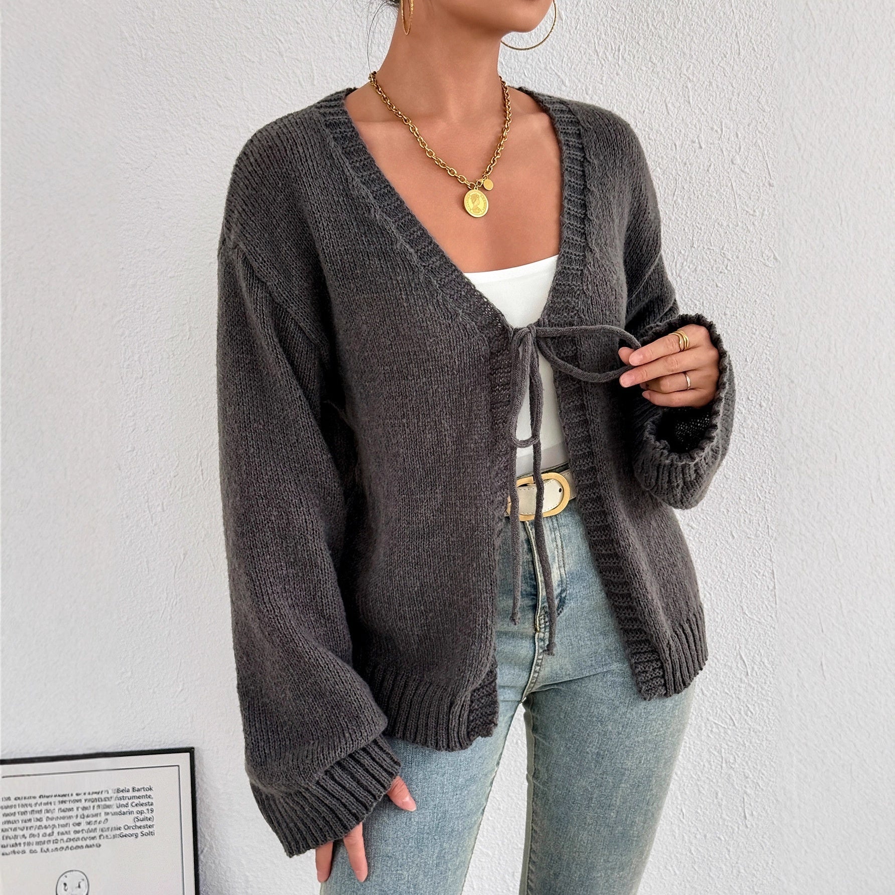 Sexy Deep V-neck Lace-up Knitted Solid Color Long Sleeve Sweater Coat