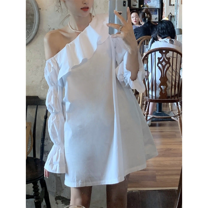 Women's Ruffled Irregular Off-shoulder Long Sleeve Dress