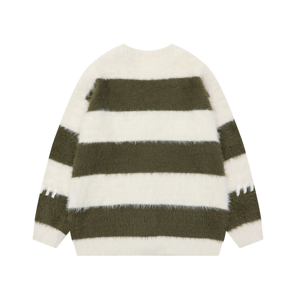 Contrast Color Striped Mink-like V-neck Sweater Coat