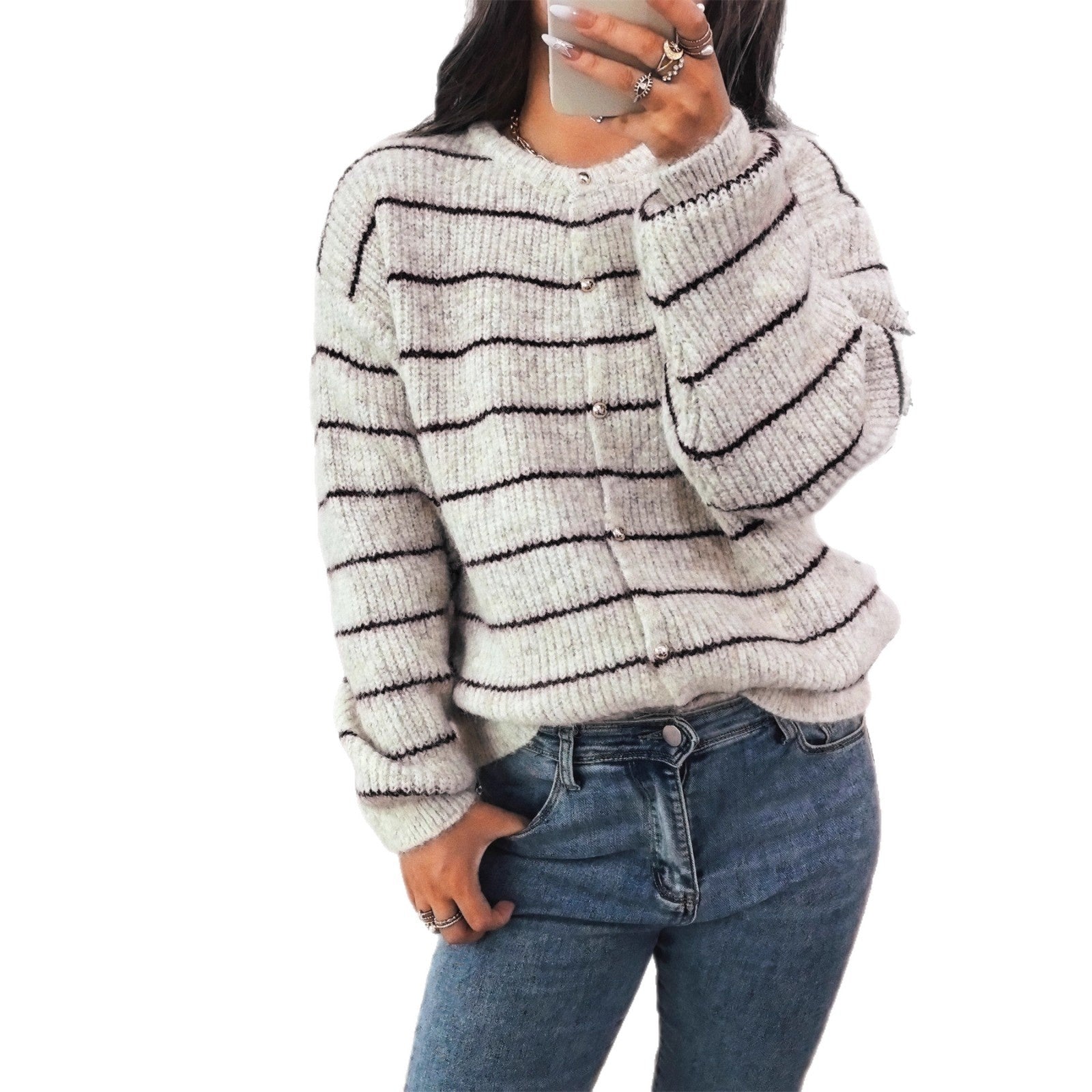Simple Slim-fit Round Neck Single-breasted Striped Contrast Color Sweater Women's Coat
