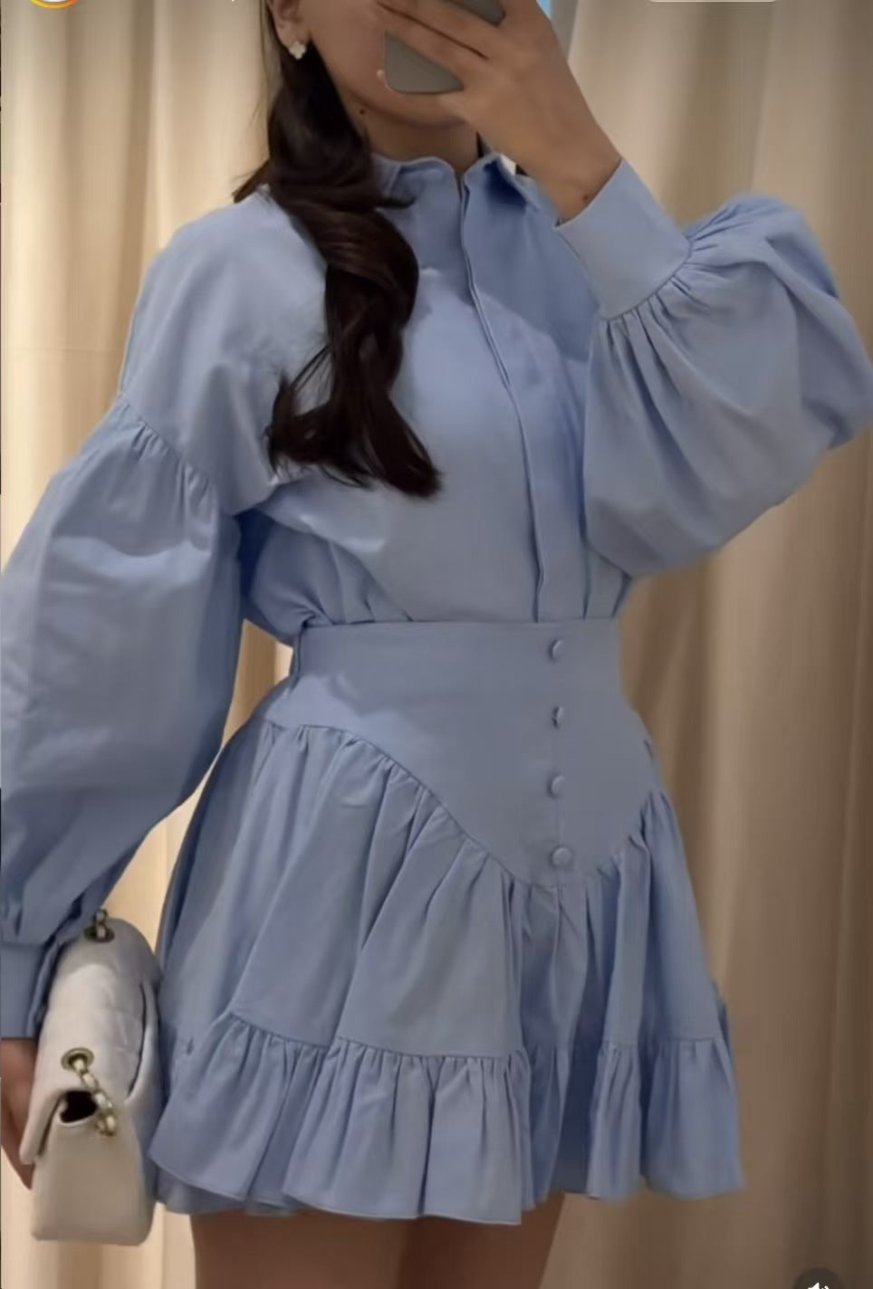Lantern Sleeve Shirt Ruffled Skirt Suit Women