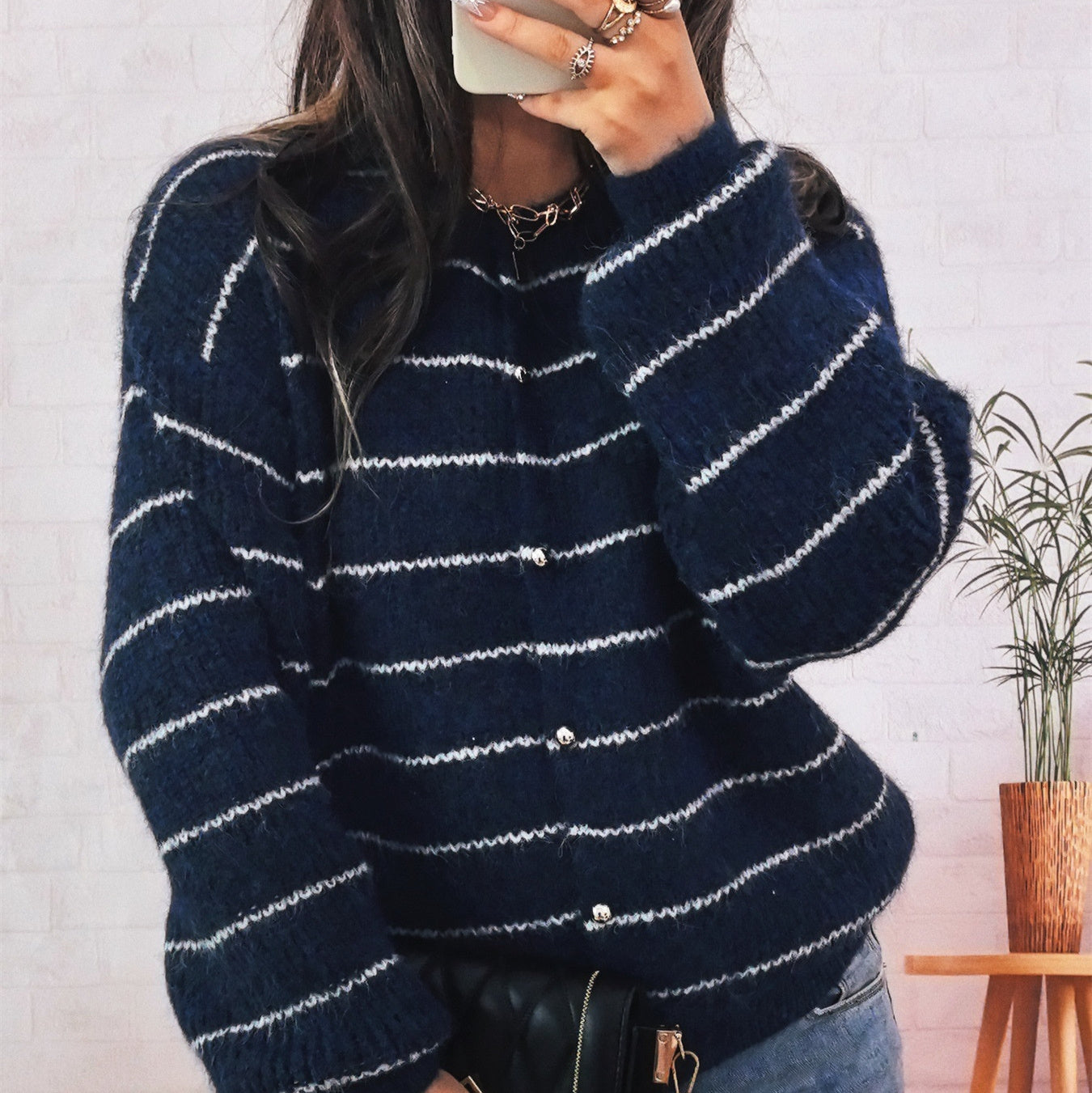 Simple Slim-fit Round Neck Single-breasted Striped Contrast Color Sweater Women's Coat