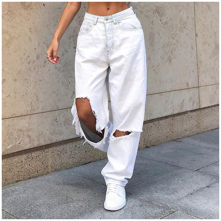 Women's Europe And America Big Hole White Jeans Lady