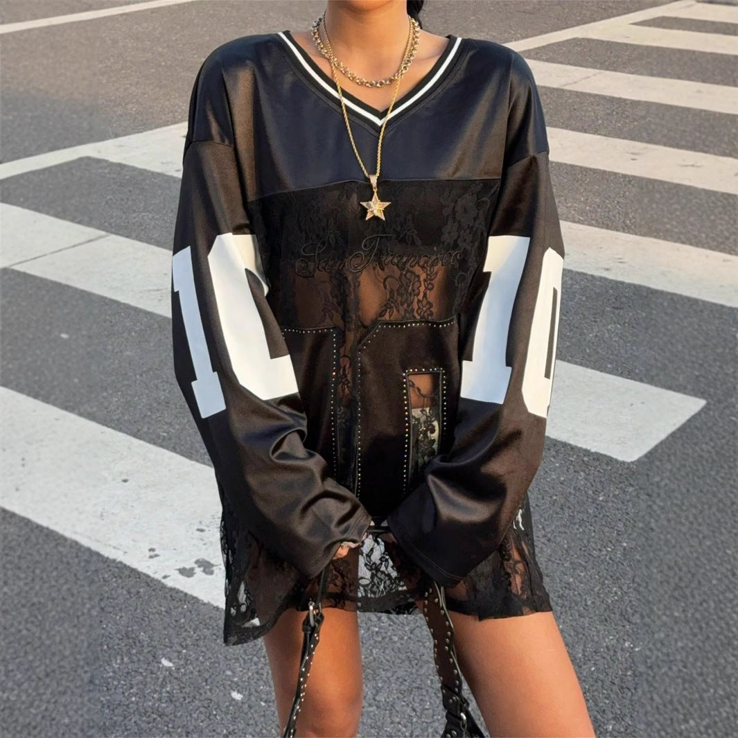 Women's Loose Printed Lace See Through V-neck Sweatshirt