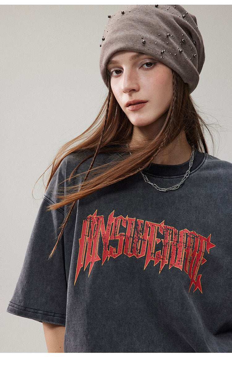 Summer Retro Worn Looking Washed-out Letter Print Short-sleeve T-shirt