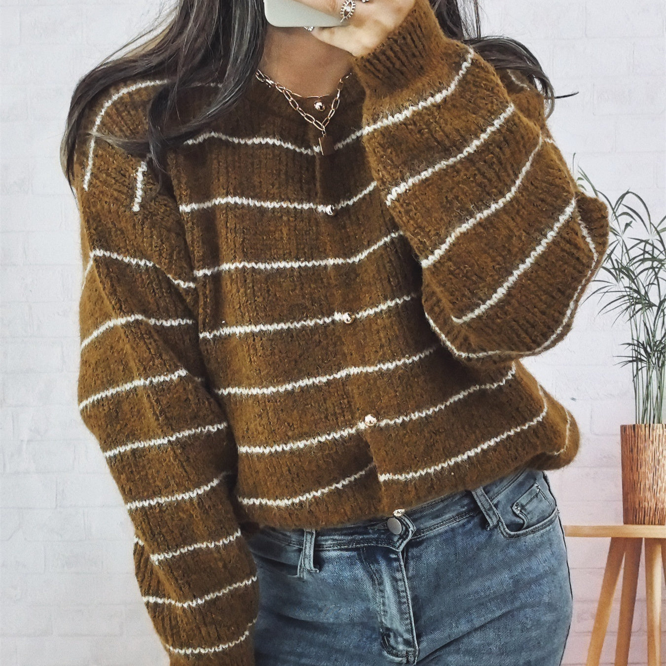 Simple Slim-fit Round Neck Single-breasted Striped Contrast Color Sweater Women's Coat