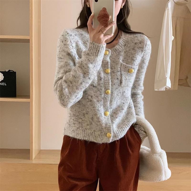 Short Variegated Round Neck Sweater Coat