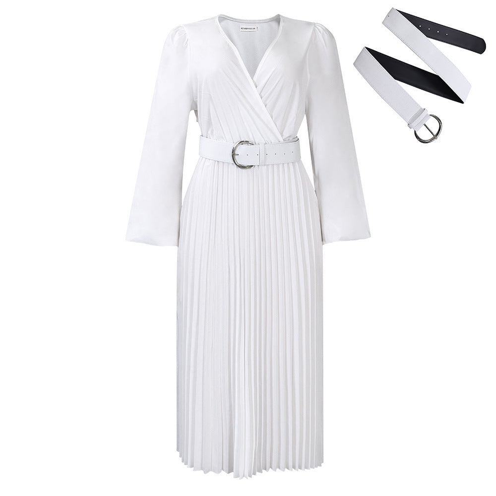 Long Sleeve V-neck Pleated Midi Dress