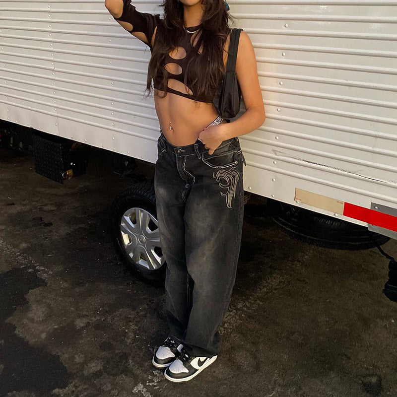 Washed Straight-leg Pants Women's Casual Jeans