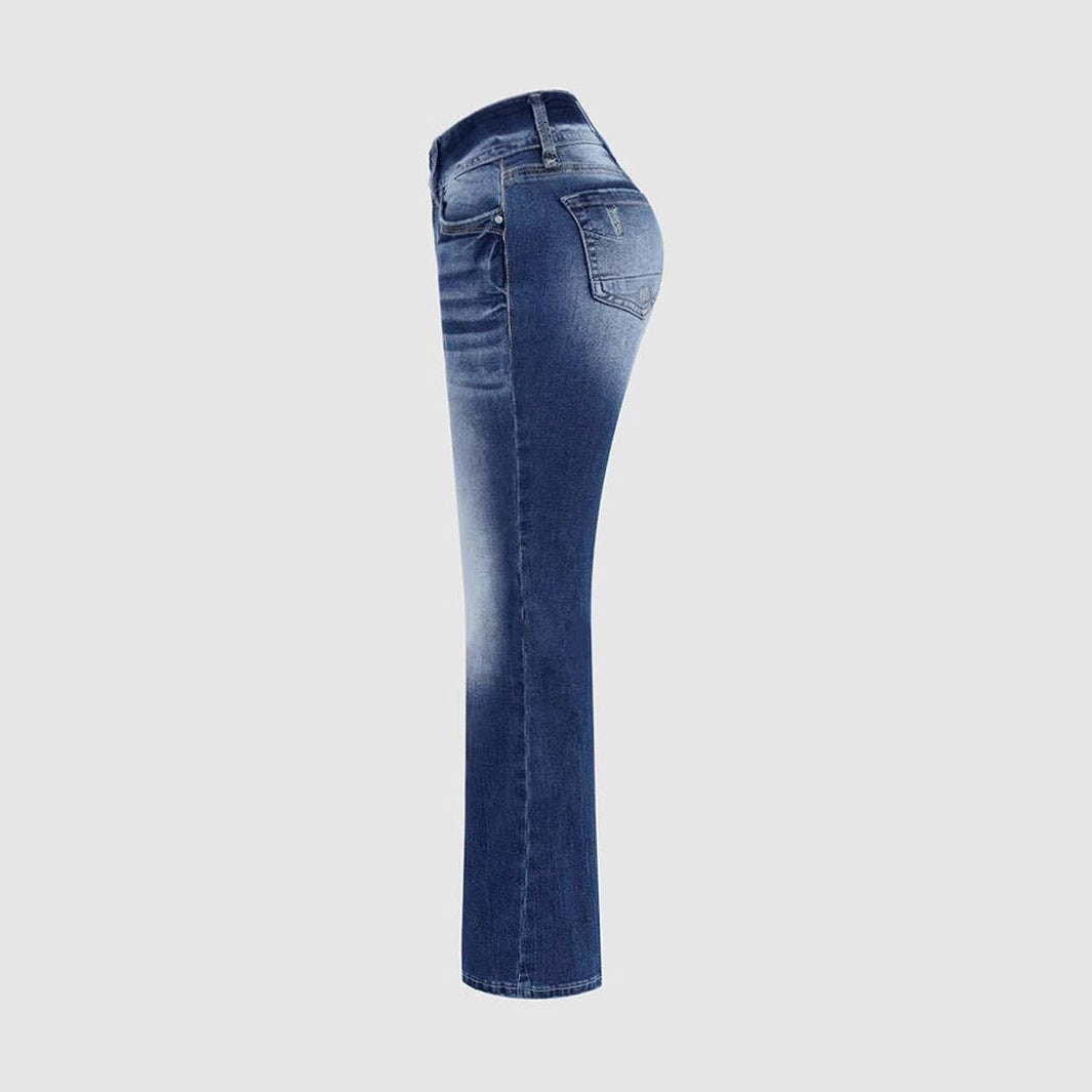 Ladies Mid Waist Stretch Washed Jeans Simple Slim Fit