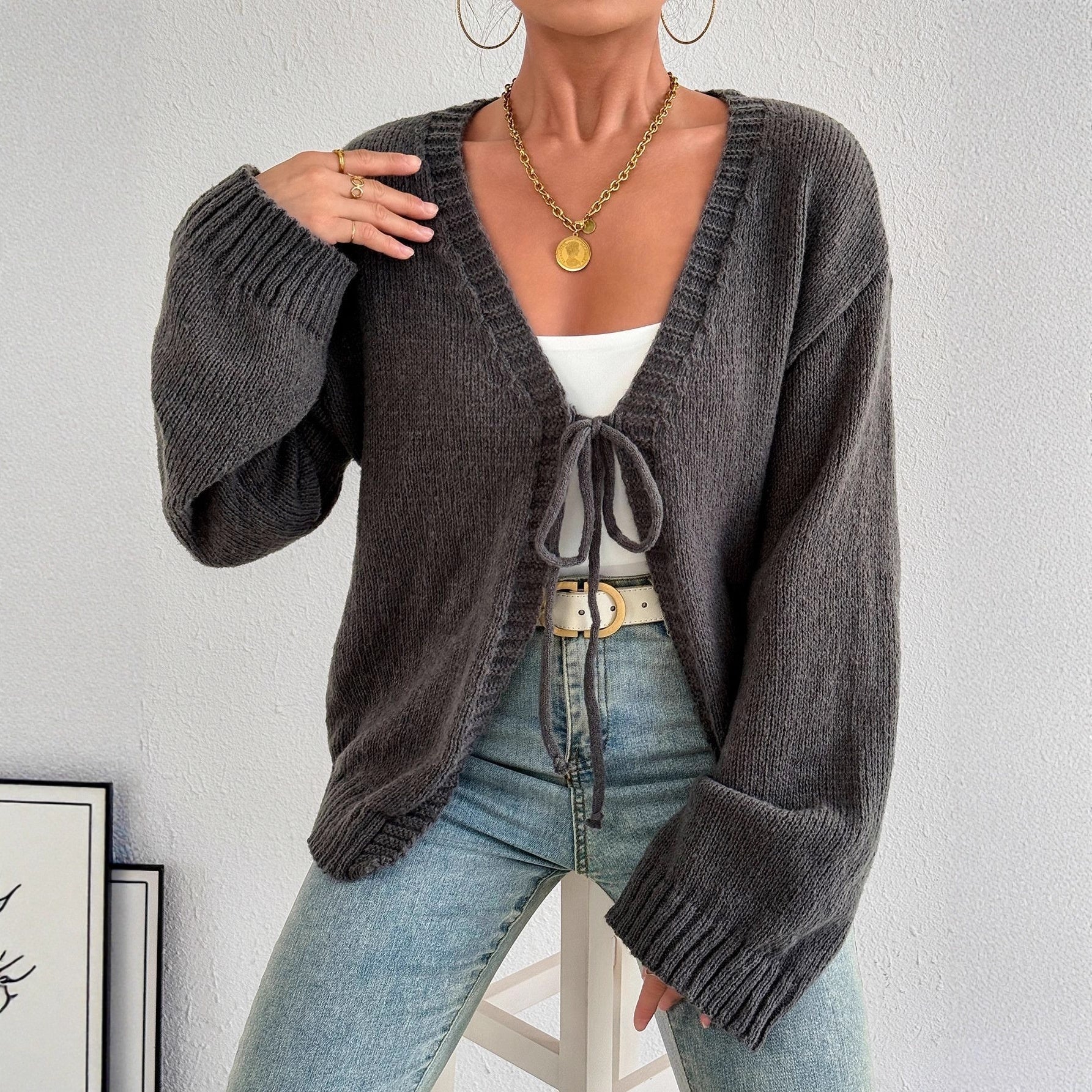 Sexy Deep V-neck Lace-up Knitted Solid Color Long Sleeve Sweater Coat