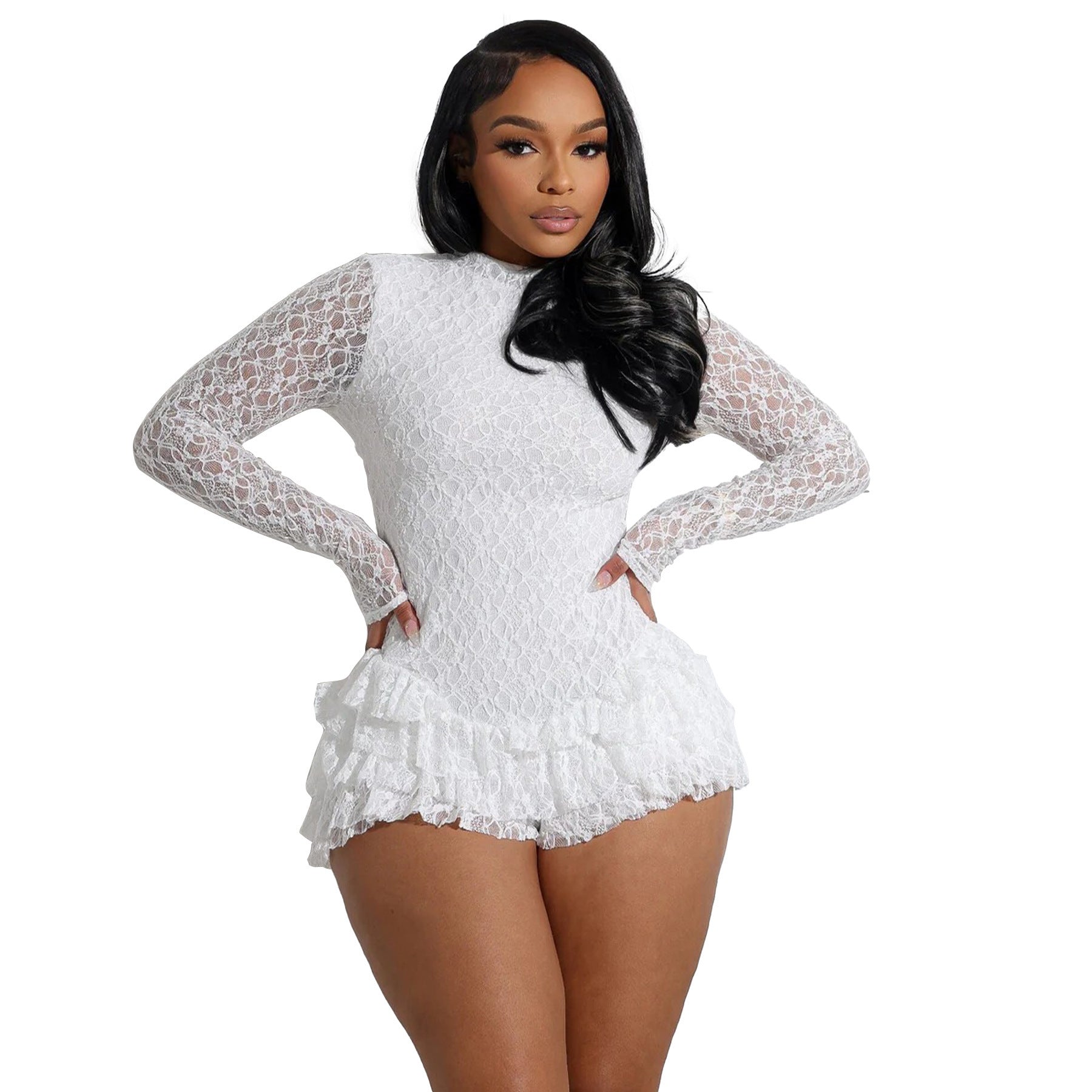 Women's Sexy Lace Long Sleeve Shorts Wooden Ear Backless Jumpsuit