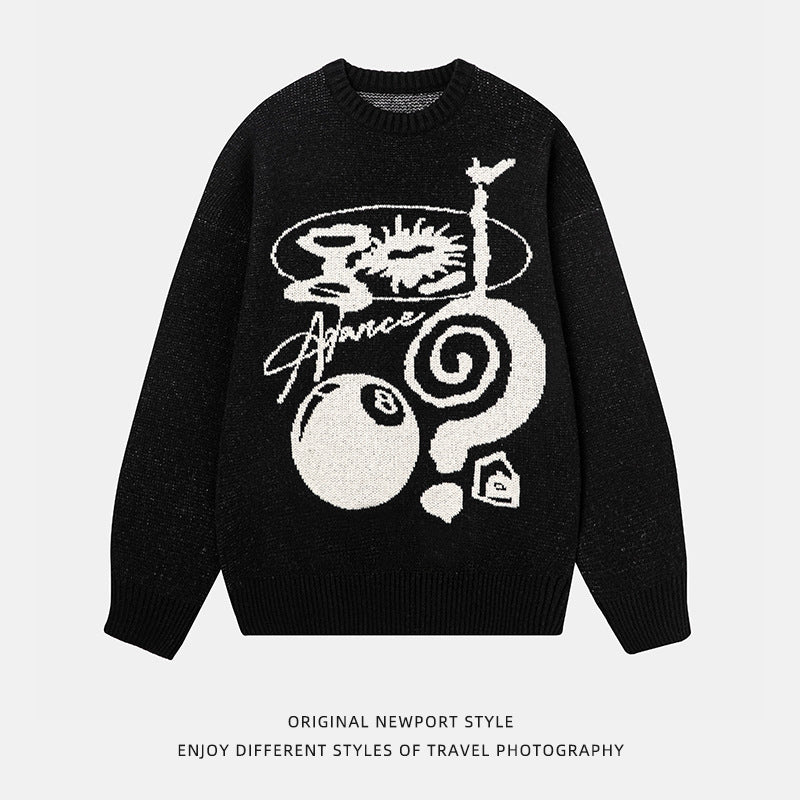 Plush American Hand Drawn Brocade Sweater Men's Autumn Winter Retro Loose