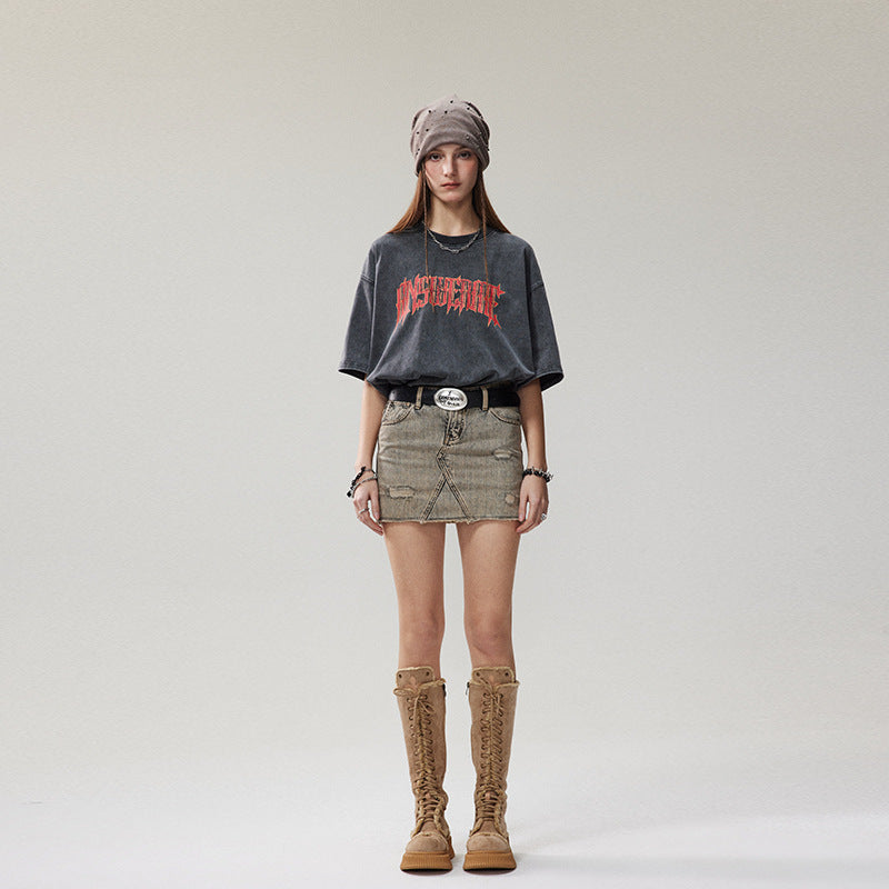 Summer Retro Worn Looking Washed-out Letter Print Short-sleeve T-shirt