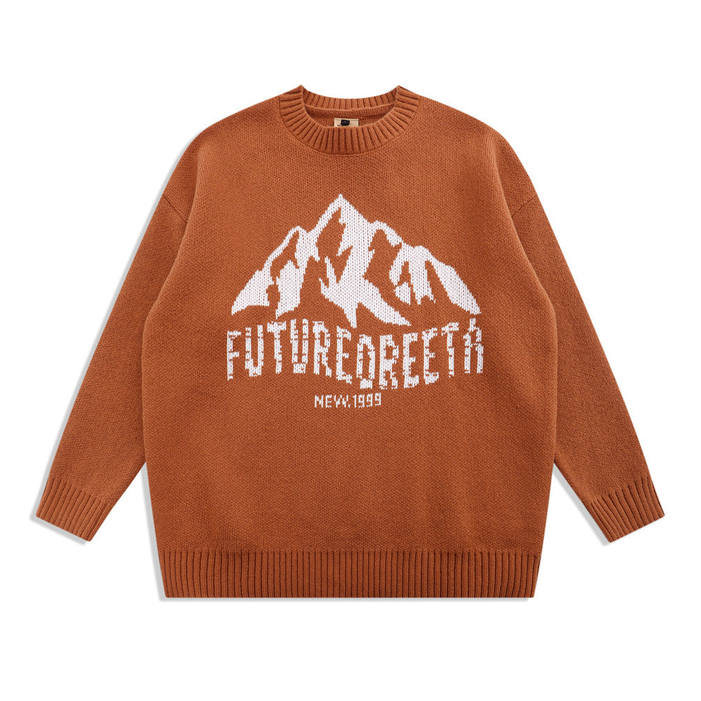 Snow Mountain Letter Jacquard Knit Men's Street Trend Loose Round Neck Sweater