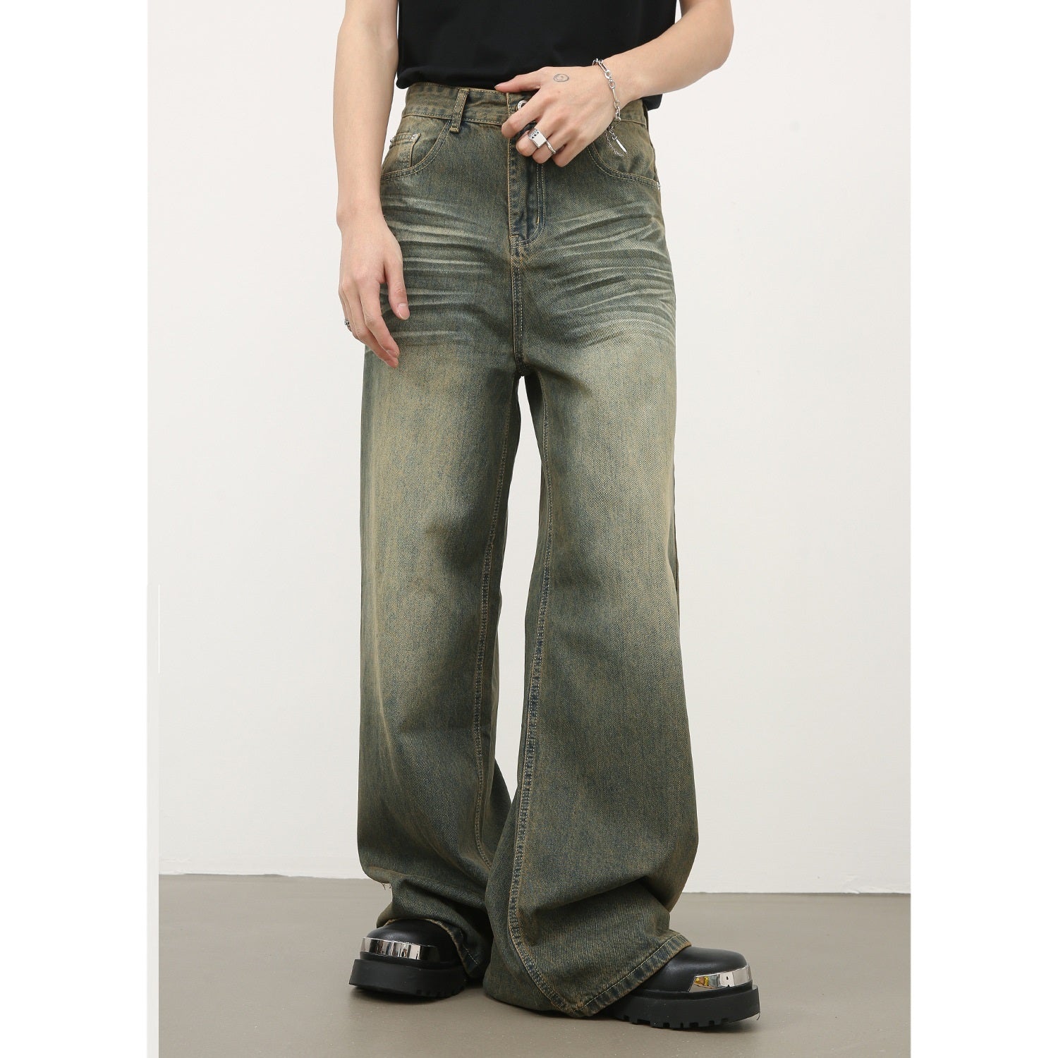 American Retro Cyan Washed Jeans With Whiskers Men