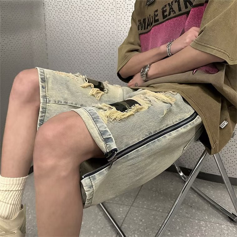 Men's Summer Ripped Camouflage Denim Shorts