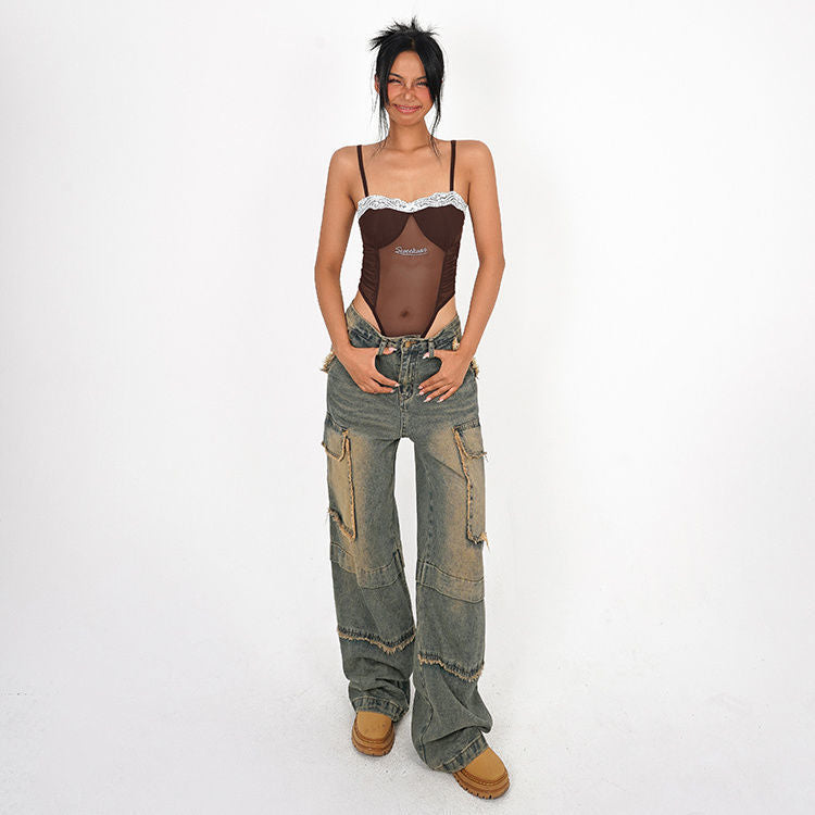 Padded Strap Jumpsuit Female Lace Floral Border Mesh