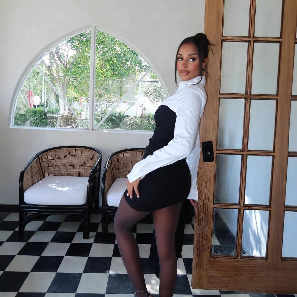 Women's Color Contrast Patchwork Lapel Dress