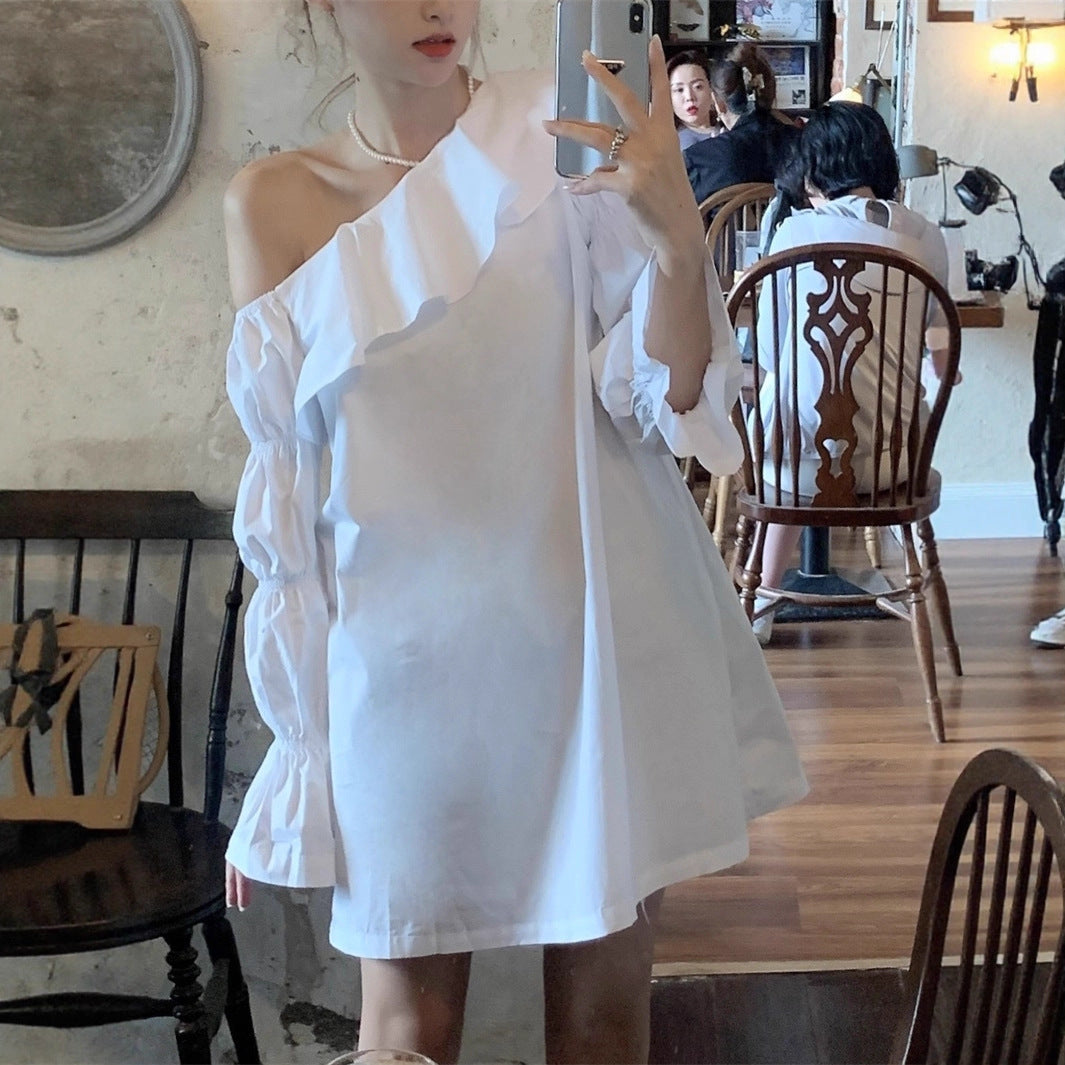 Women's Ruffled Irregular Off-shoulder Long Sleeve Dress