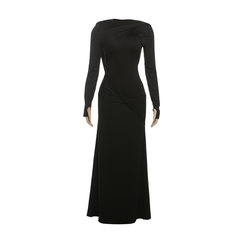 Polyester Women's Slim Fit Backless Long Sleeve Solid Color Dress