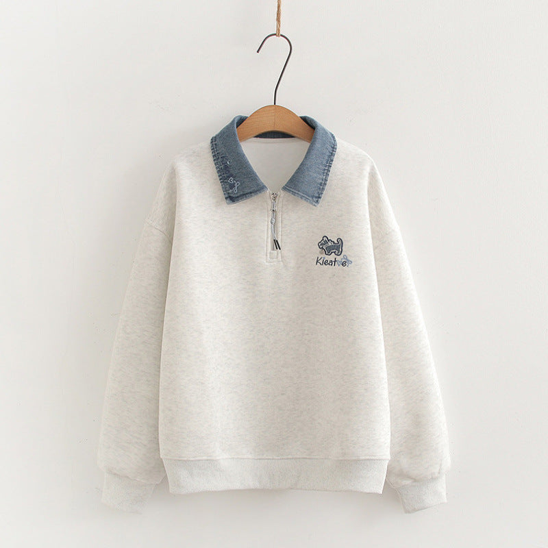 Denim Collar Stitching Polo Collar False Two-piece Sweaters