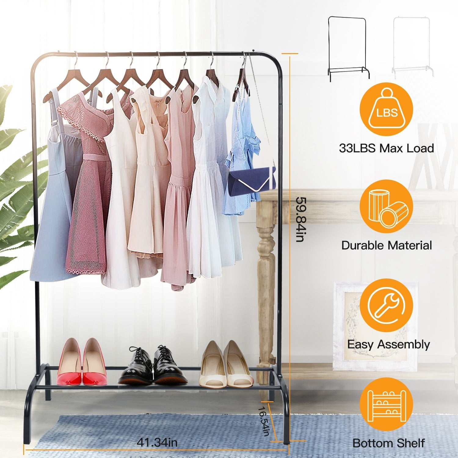 1Pc 33lbs Loading Garment Racks Freestanding Clothing Racks Clothes Rack Stands Organizer With Bottom Shelf For Dormitory Home