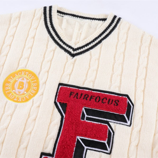 Letter Embroidery Color Blocking V-neck Pullover Sweater For Men