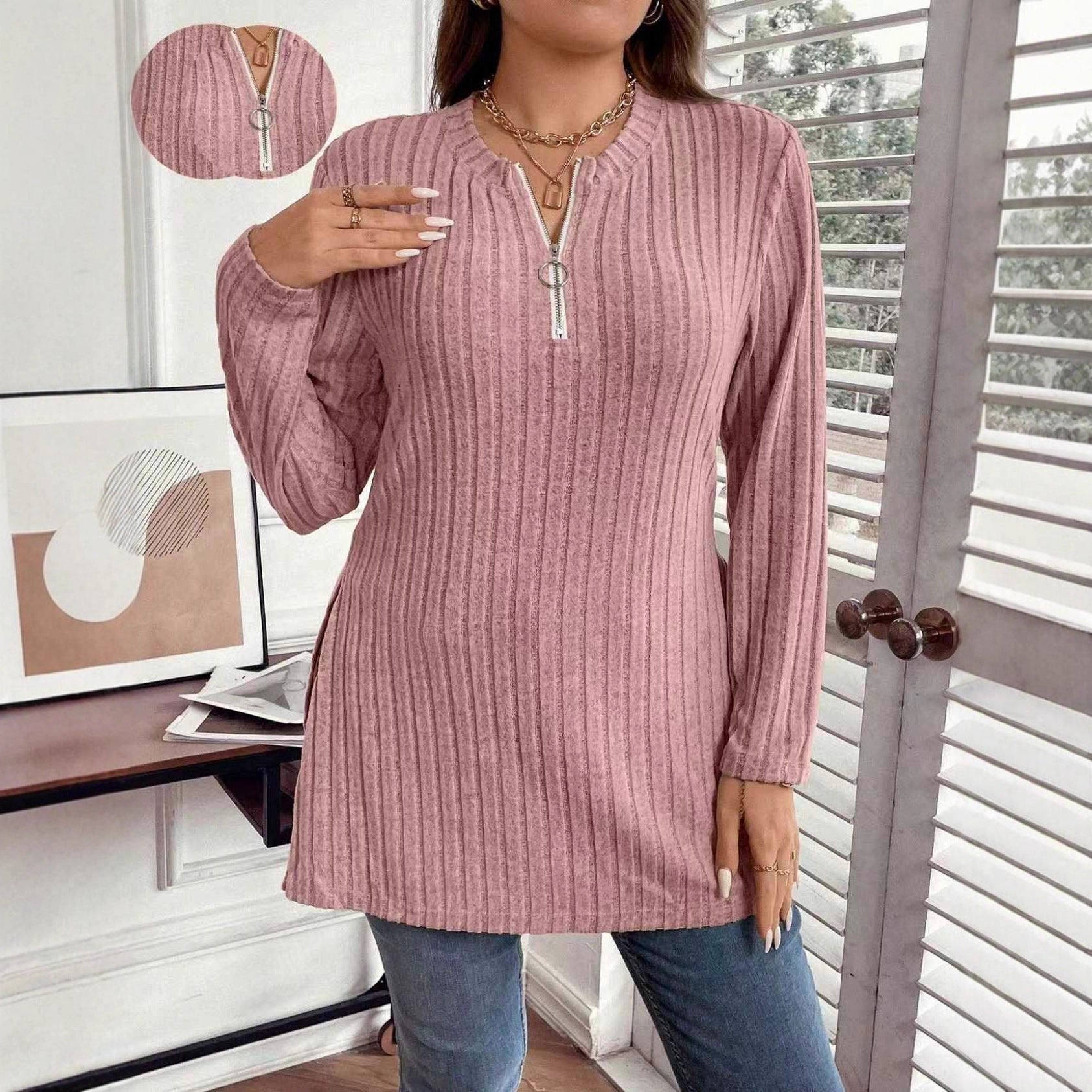 Sunken Stripe Long Sleeve Half Zip Top