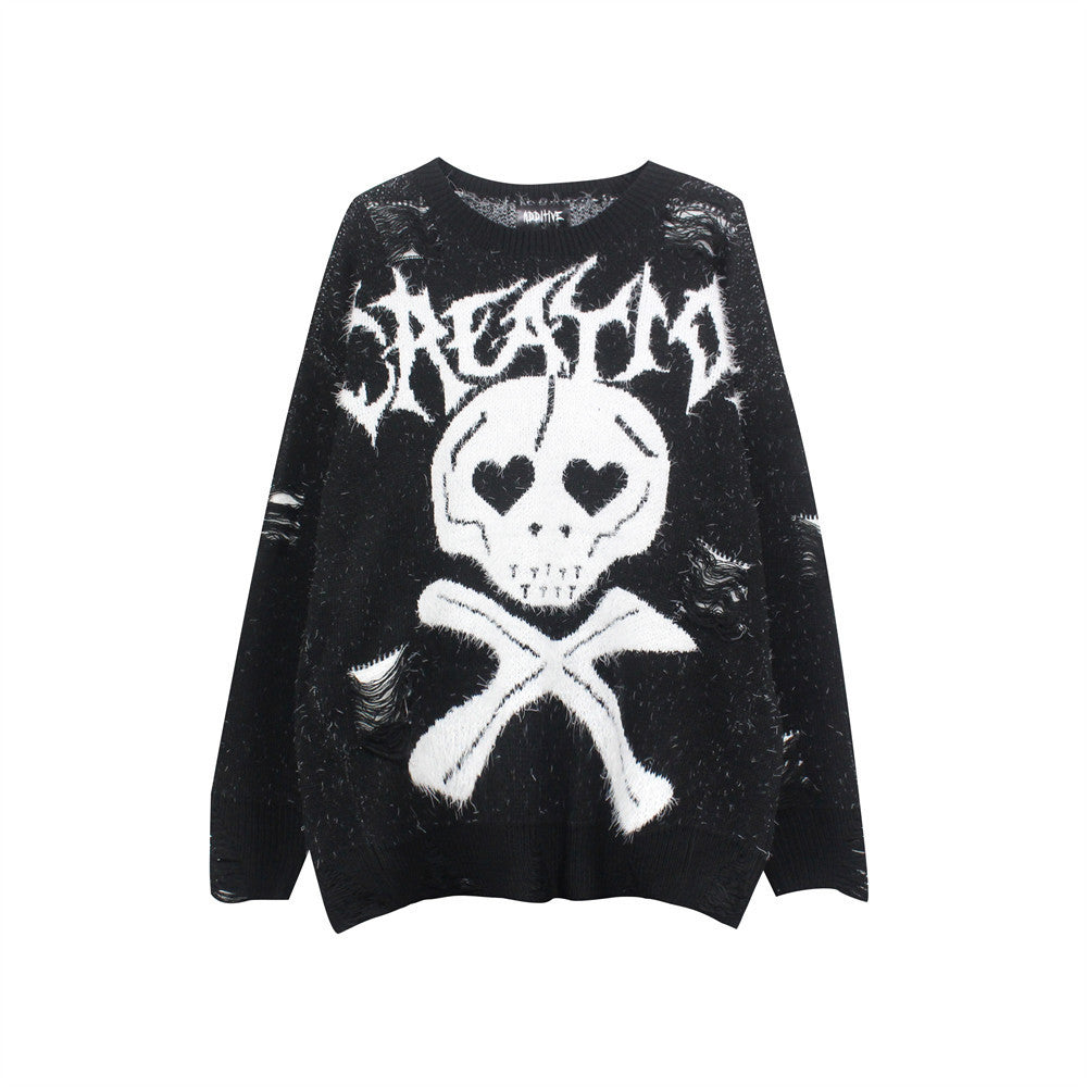Skull Jacquard Ripped Sweater Men