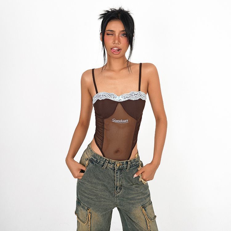 Padded Strap Jumpsuit Female Lace Floral Border Mesh