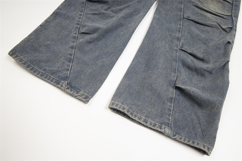 Irregular Pleated Worn Jeans Men And Women