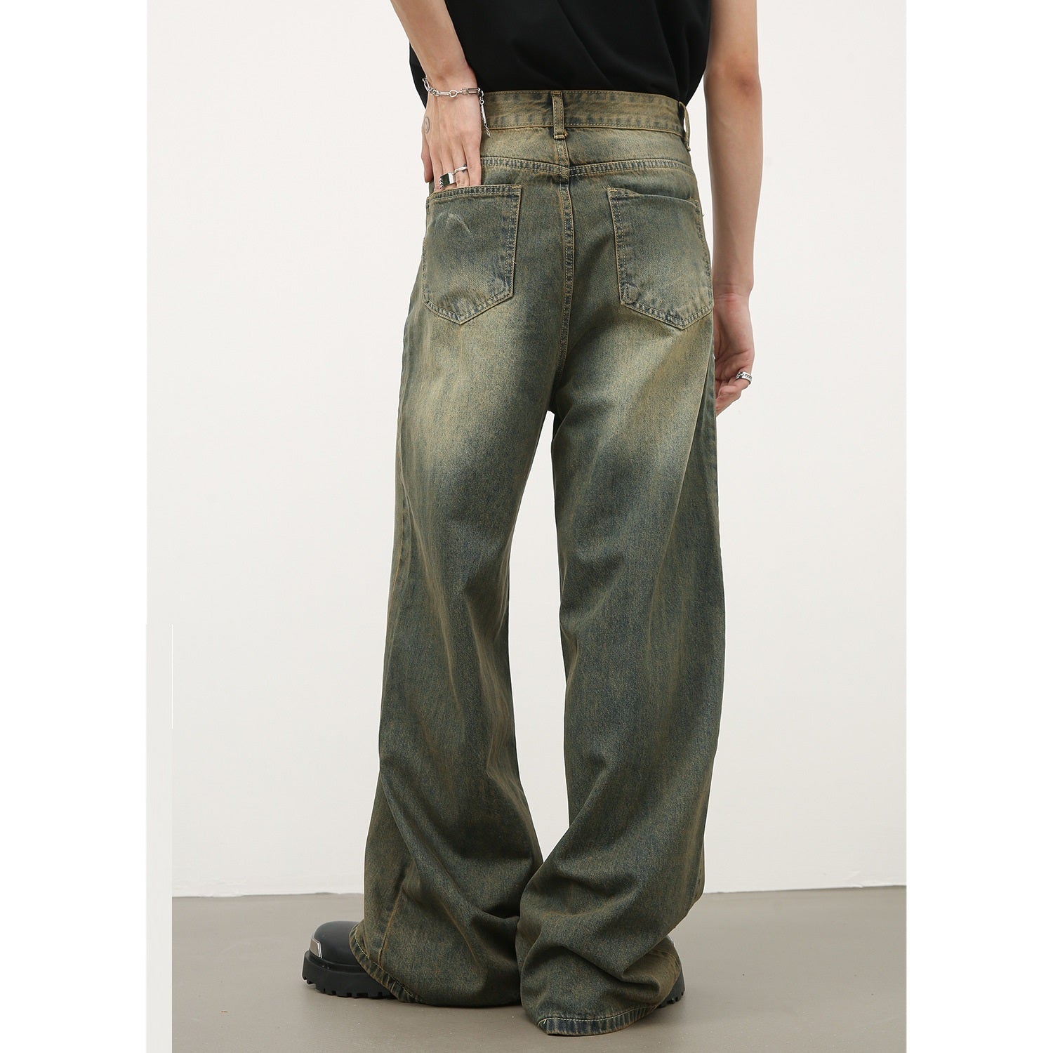 American Retro Cyan Washed Jeans With Whiskers Men