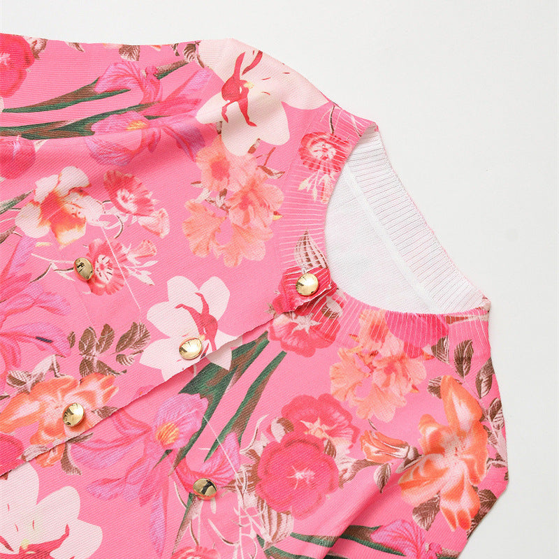 European And American Style Flower Print Knitted Short Sleeve Jacket