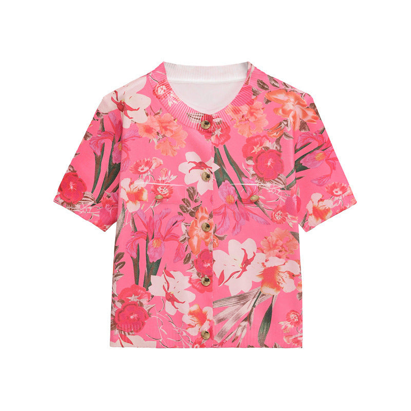 European And American Style Flower Print Knitted Short Sleeve Jacket