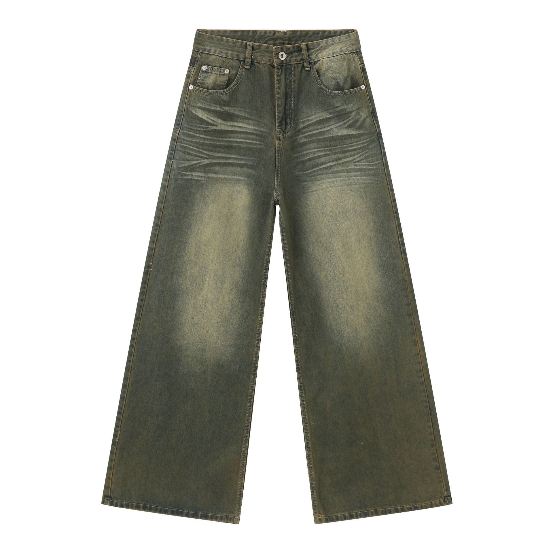 American Retro Cyan Washed Jeans With Whiskers Men