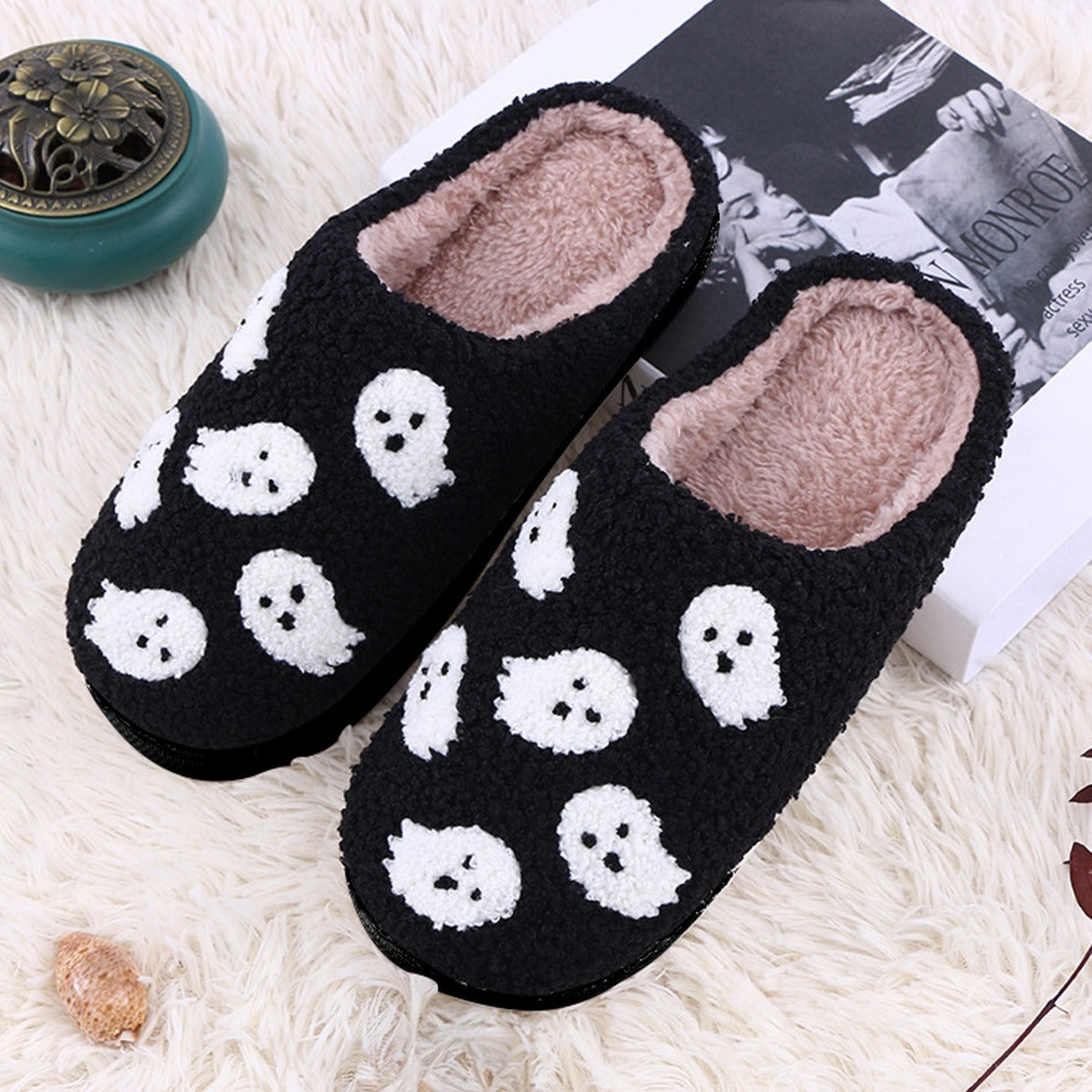 Halloween Funny Spider Ghost Scary Flat Indoor House Shoes For Women Men Soft Plush Cozy Horror Halloween Gifts