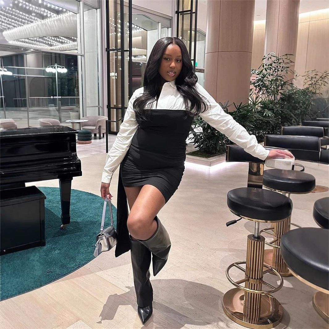 Women's Color Contrast Patchwork Lapel Dress